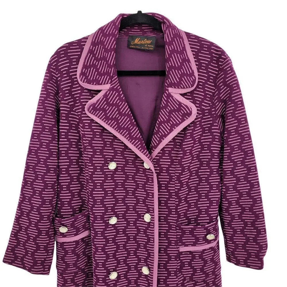 Vintage 60s Trench Coat XL 100% Wool Knit Mod Geometric Print‎ Pearl Button Pink